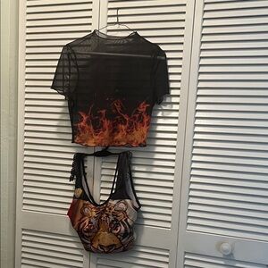 # 0649 ** Women Thee Golden Tiger Sport Bra Black/ Red Flame Mesh Top